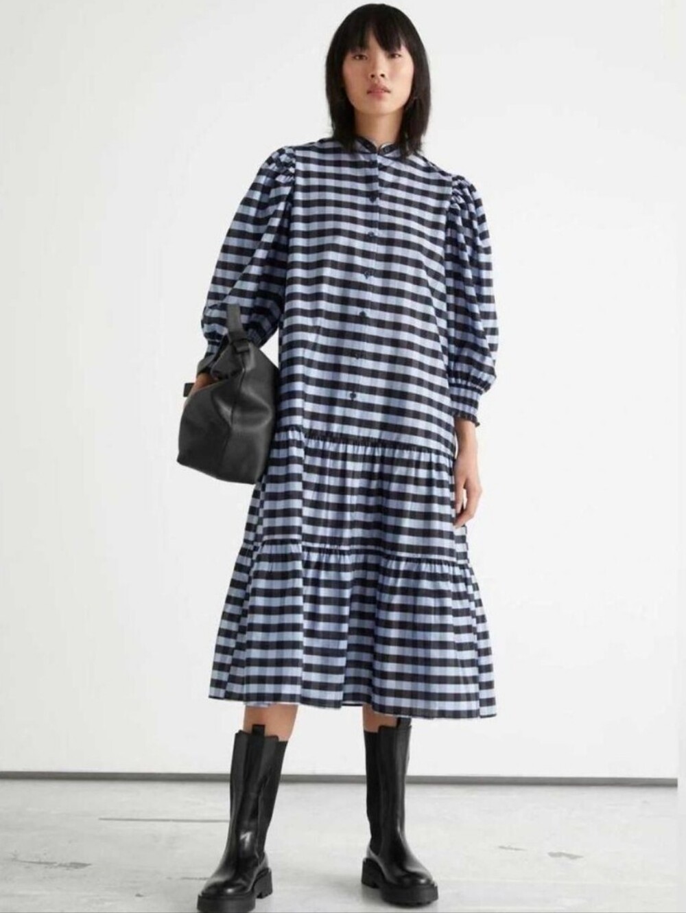 & Other Stories Gingham Tiered Midi Dress in Blue Black
